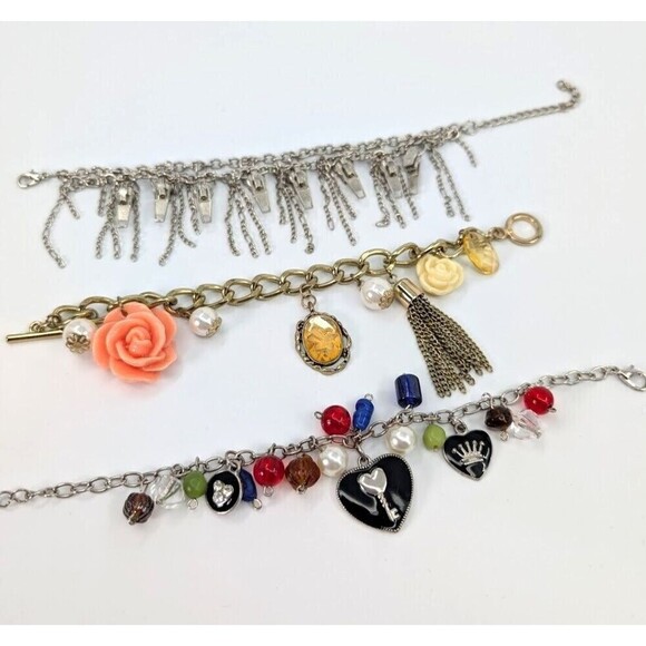 Set of 3 Charm Bracelet Zip Motif Heart Faux Pearl Flower Beads Retro Y2K Whimsy - Picture 9 of 12